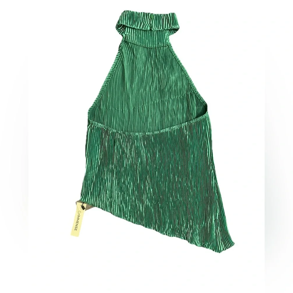 Elegant Commnse Halter Top Pant Set Emerald Green Plisse Pleated 2pc Size XL - Picture 4 of 5